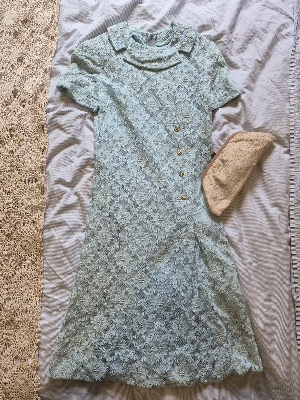Vintage Pale Blue Lace Dress with Silver Buttons